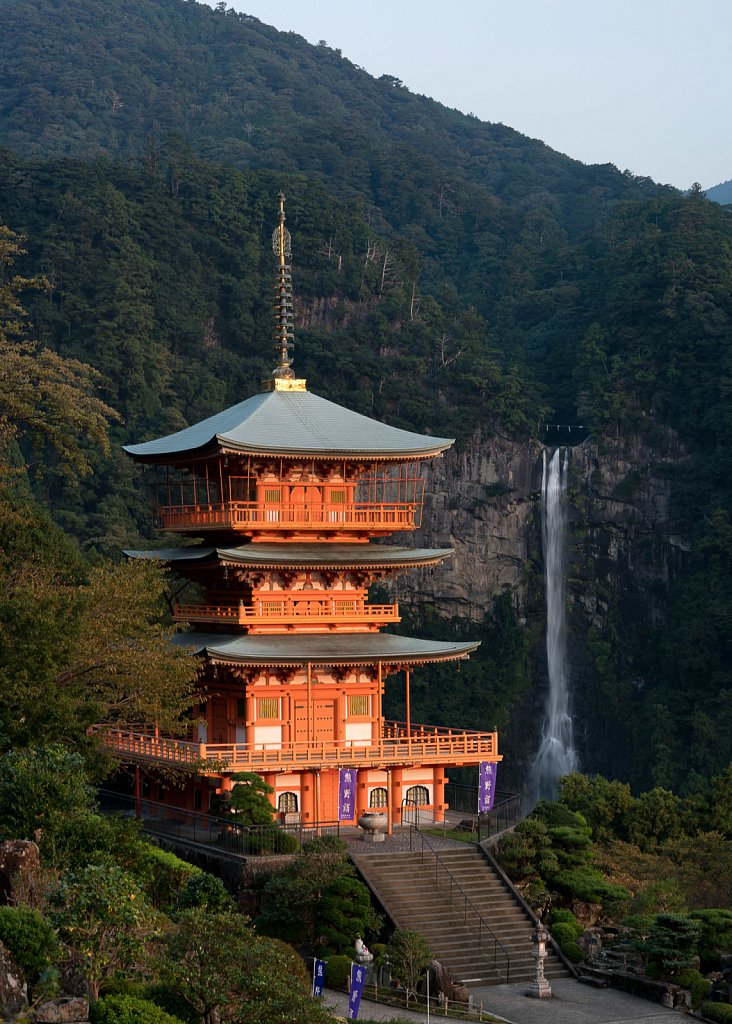First light of the morning on Nachi Falls and Pagoda